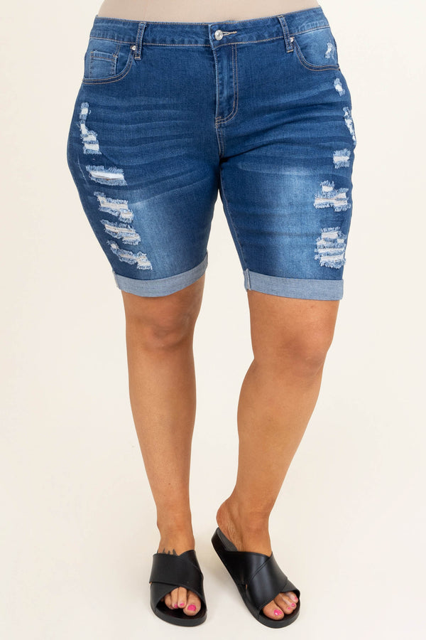Chic Soul plus size clothing, dark wash high waisted distressed mid length denim shorts