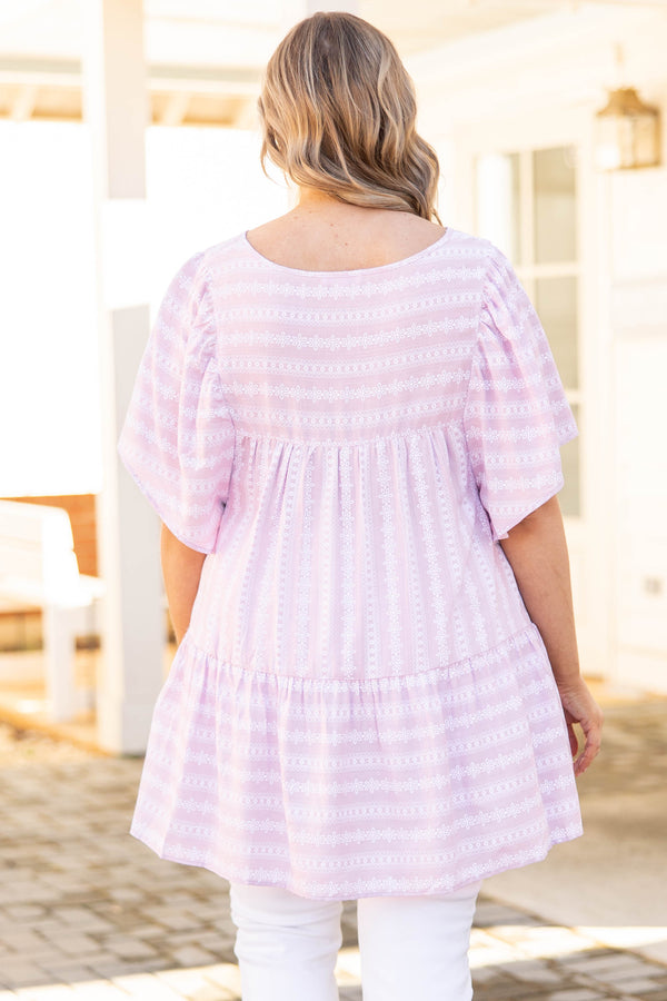 Chic Soul plus size clothing, lavender flowy top with flutter sleeves and floral stripes
