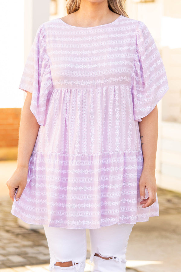 Chic Soul plus size clothing, lavender flowy top with flutter sleeves and floral stripes