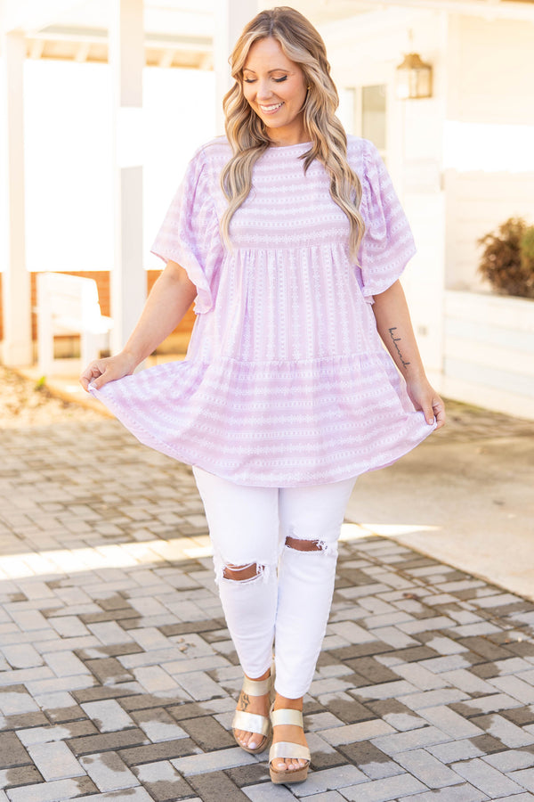 Chic Soul plus size clothing, lavender flowy top with flutter sleeves and floral stripes