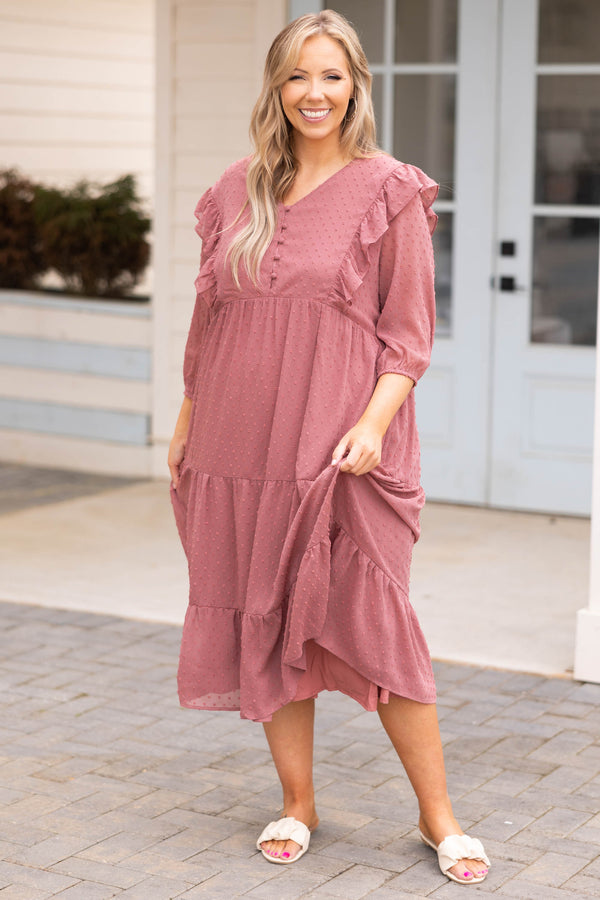 Chic Soul plus size clothing, pink swiss dotted midi dress with ruffle detailing