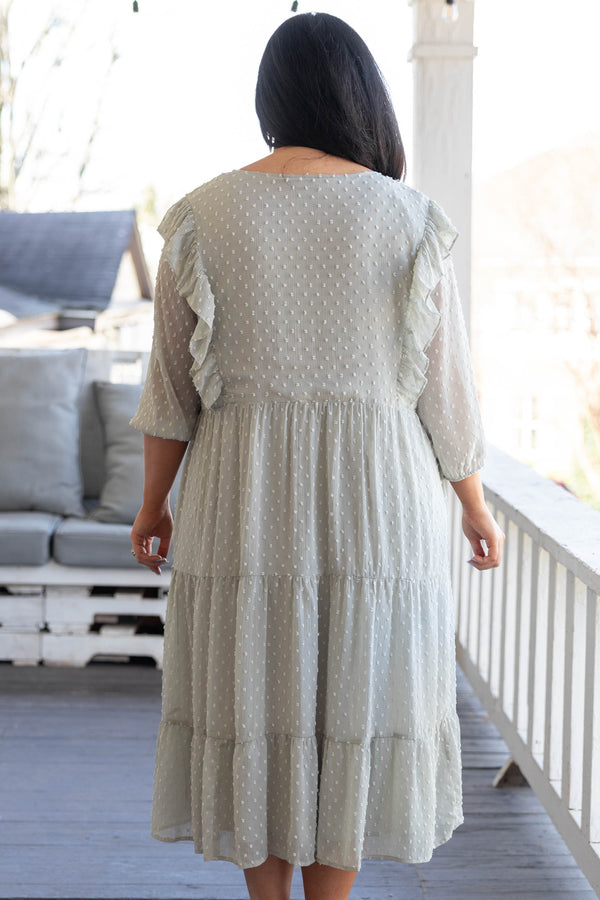 Chic Soul plus size clothing, sage swiss dotted midi dress with ruffles