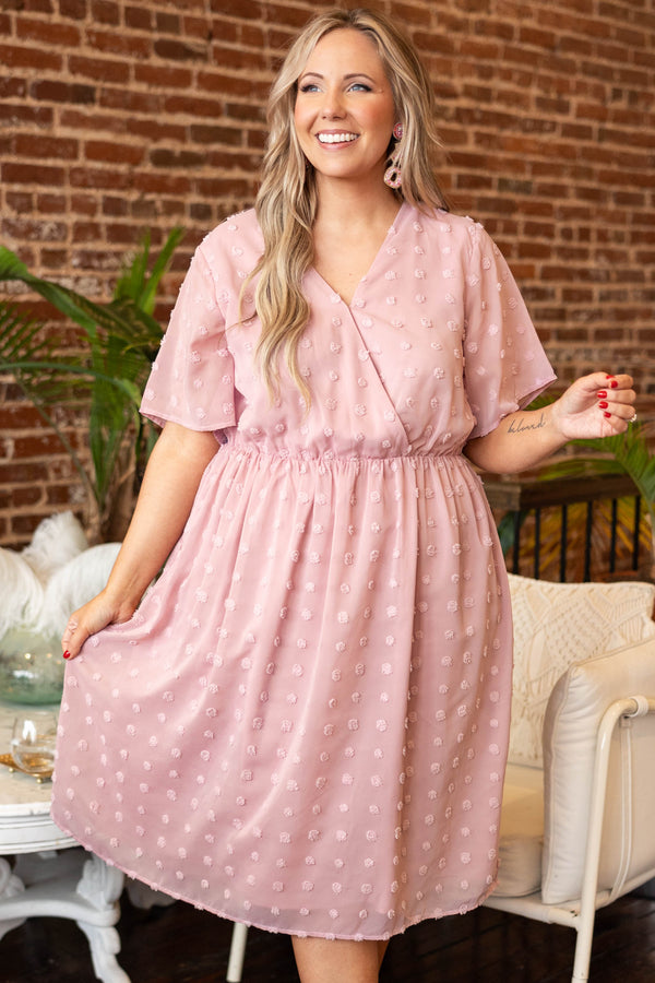 Chic Soul plus size clothing, mauve swiss dotted mid dress