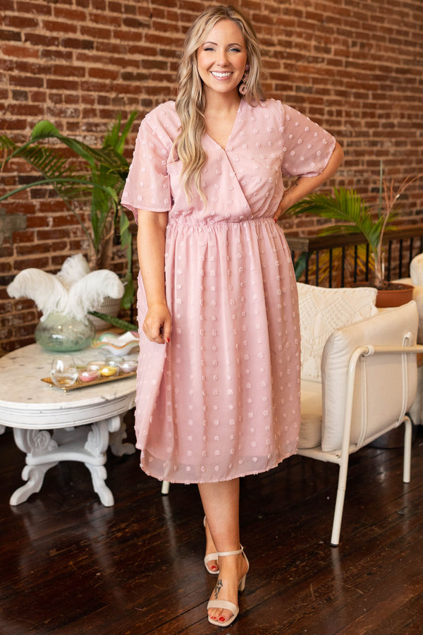 Chic Soul plus size clothing, mauve swiss dotted mid dress