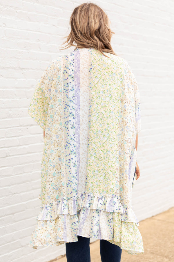 Chic Soul plus size clothing, taupe floral pattern kimono with ruffle hemline