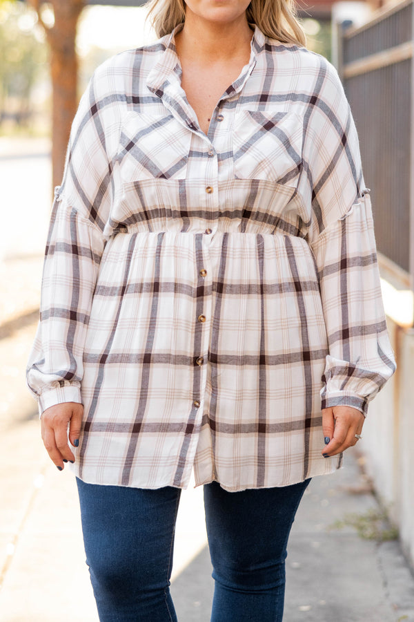 Chic Soul plus size clothing, white plaid button down tunic
