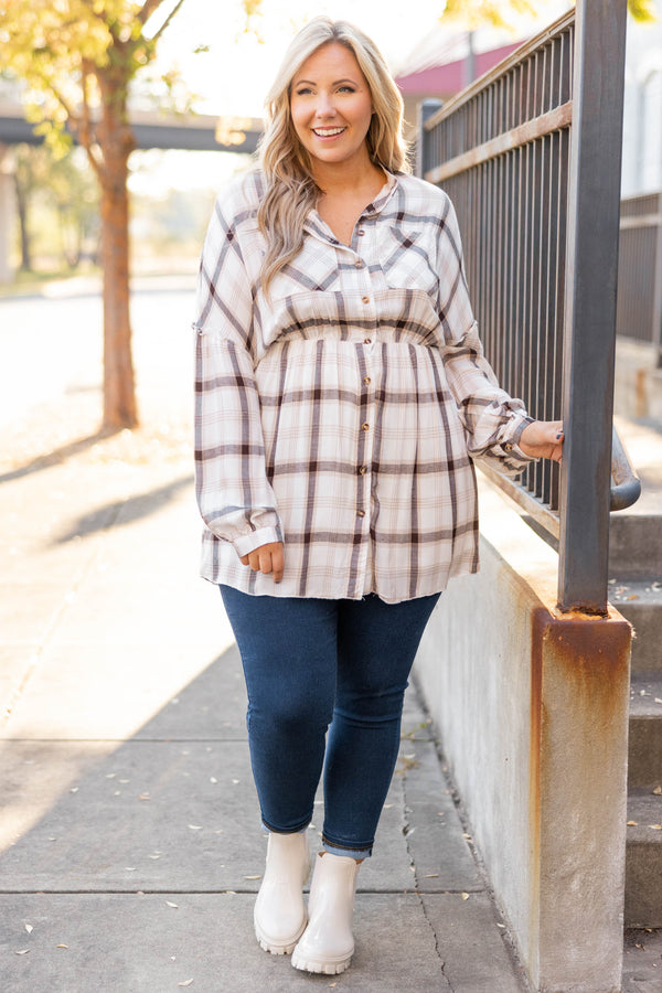 Chic Soul plus size clothing, white plaid button down tunic