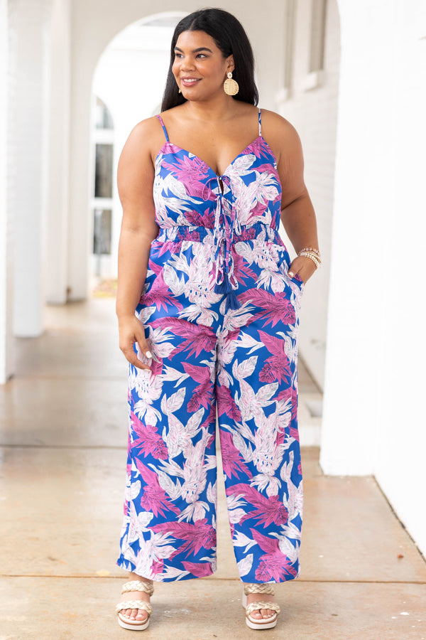 Chic Soul plus size clothing, royal blue jumpsuit with purple pattern and waist tie