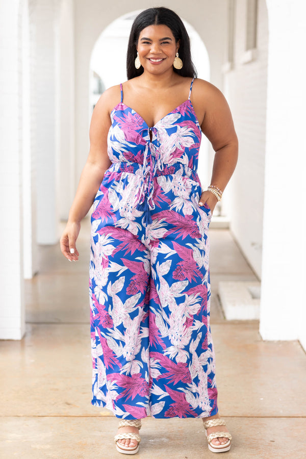 Chic Soul plus size clothing, royal blue jumpsuit with purple pattern and waist tie