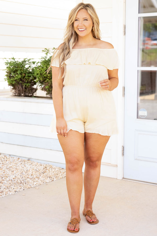 Chic Soul plus size clothing, yellow off the shoulder romper with ruffle detail