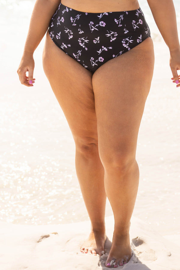 Chic Soul plus size clothing, black floral high waisted swim bikini bottoms
