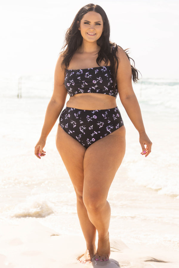 Chic Soul plus size clothing, black floral high waisted swim bikini bottoms