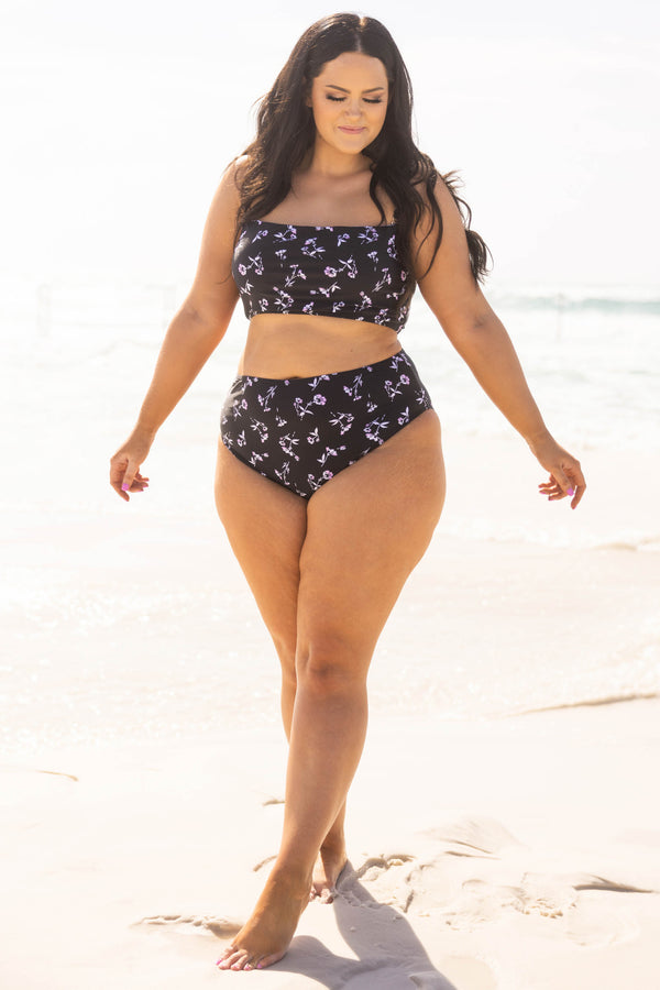 Chic Soul plus size clothing, black floral high waisted swim bikini bottoms