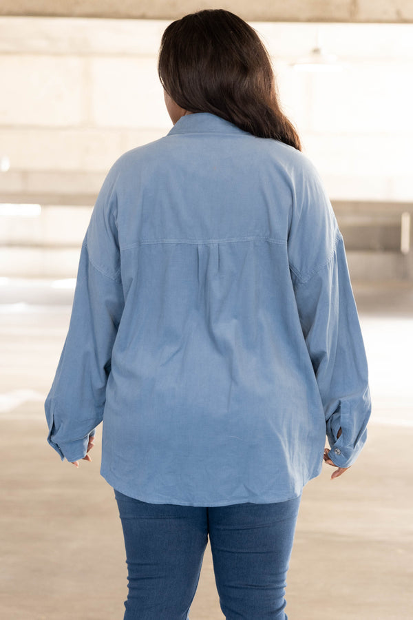 Chic Soul plus size clothing, denim long sleeve button up top