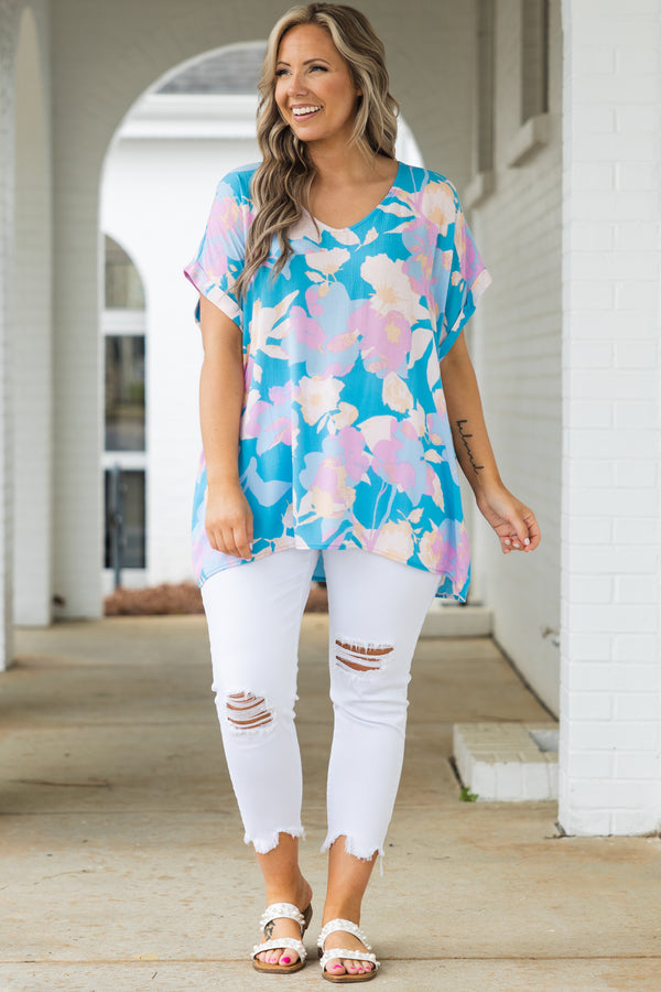Chic Soul plus size clothing, sky blue flowy top with multicolor floral pattern
