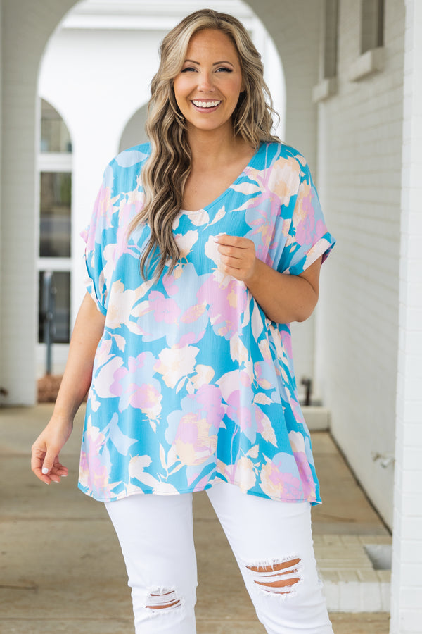 Chic Soul plus size clothing, sky blue flowy top with multicolor floral pattern