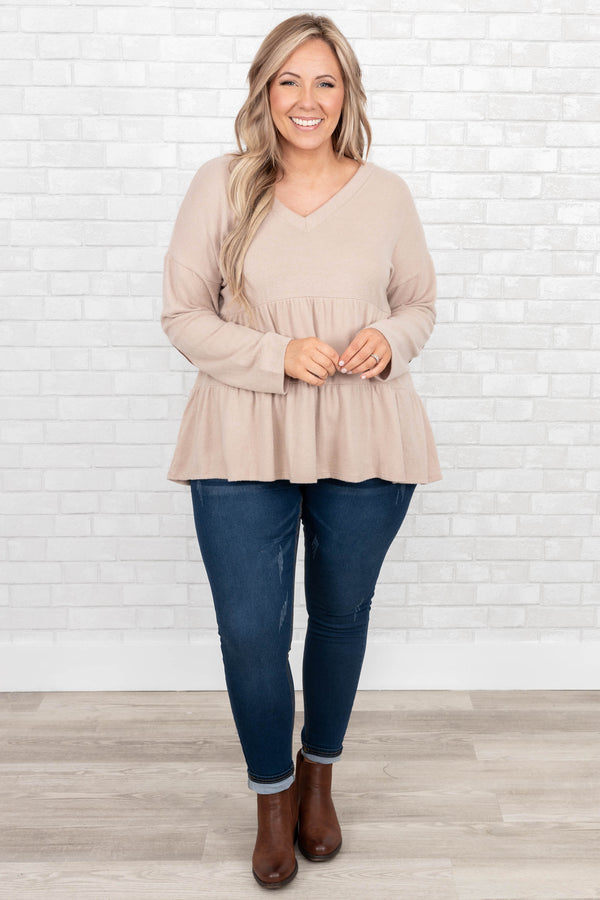 Chic Soul plus size clothing, taupe babydoll top