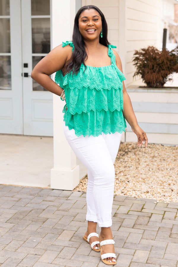 Chic Soul plus size clothing, emerald green top with lace detailing ruffles and tie straps