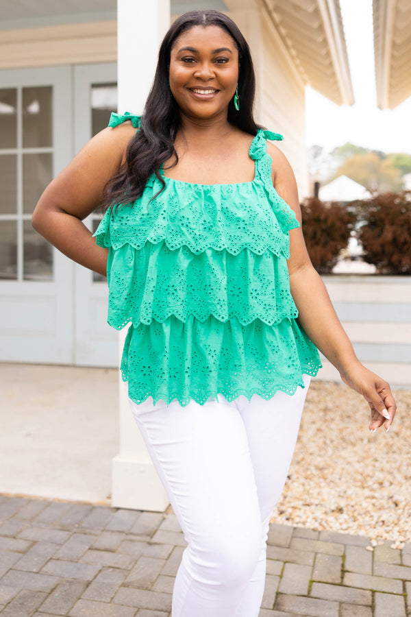 Chic Soul plus size clothing, emerald green top with lace detailing ruffles and tie straps