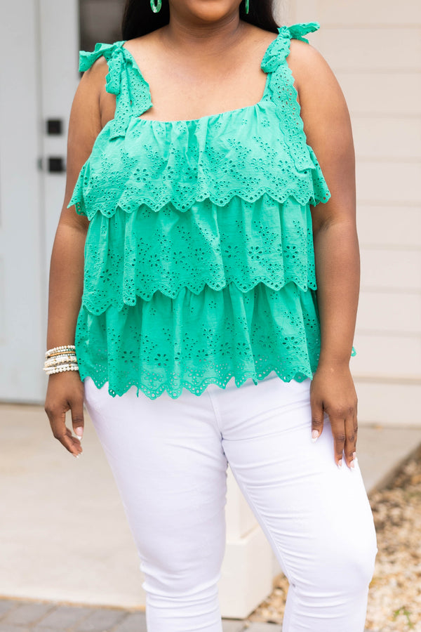 Chic Soul plus size clothing, emerald green top with lace detailing ruffles and tie straps