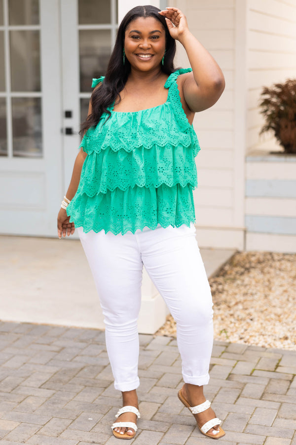 Chic Soul plus size clothing, emerald green top with lace detailing ruffles and tie straps