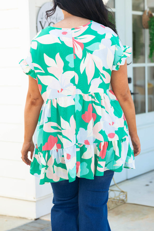 Chic Soul plus size clothing, turquoise green multicolor patterned babydoll style top with ruffle hemline and sleeves