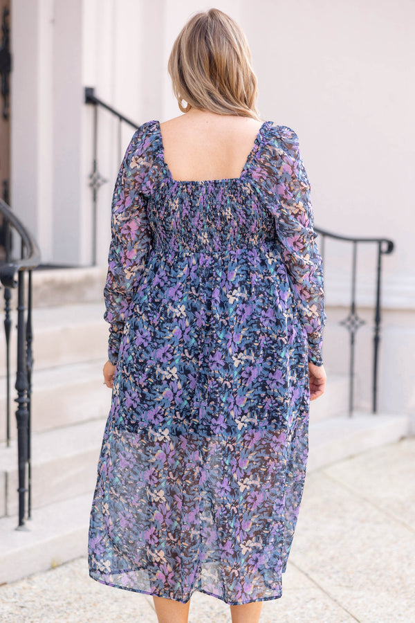 Chic Soul plus size clothing, navy orchid floral pattern midi dress with puff sleeves