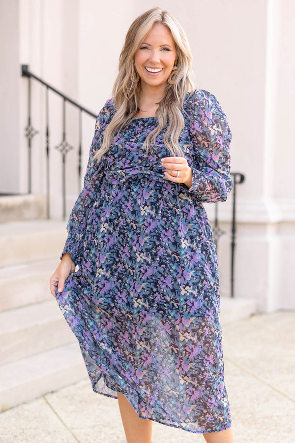 Chic Soul plus size clothing, navy orchid floral pattern midi dress with puff sleeves