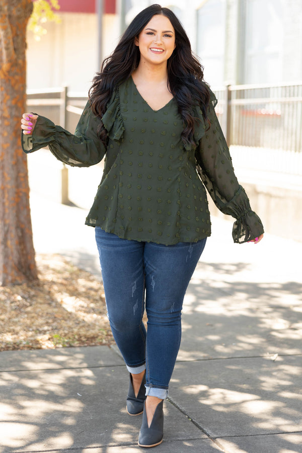 Chic Soul plus size clothing, olive swiss dotted long sleeve ruffle top