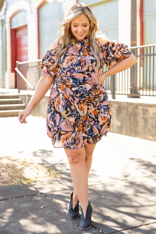 Chic Soul plus size clothing, cold shoulder halter neck dress with multi color floral pattern