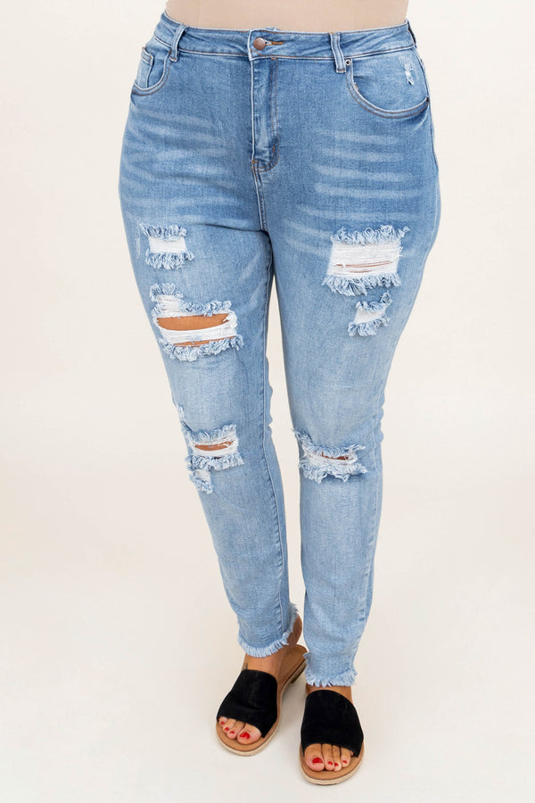 Chic Soul plus size clothing, light wash high waisted distressed denim skinny jeans