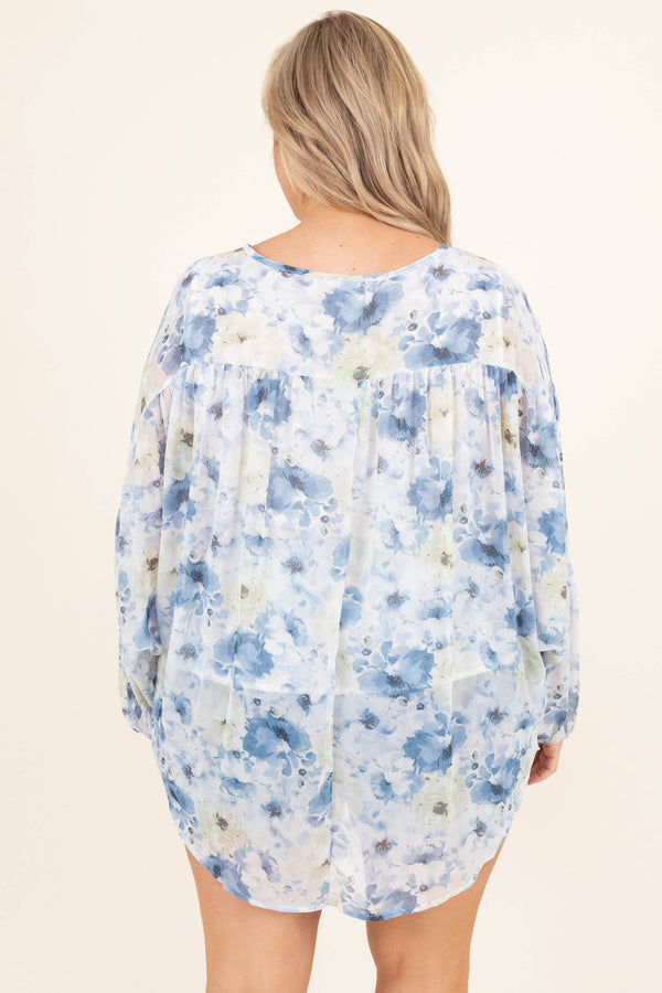 Chic Soul plus size clothing, blue floral long bubble sleeve casual top