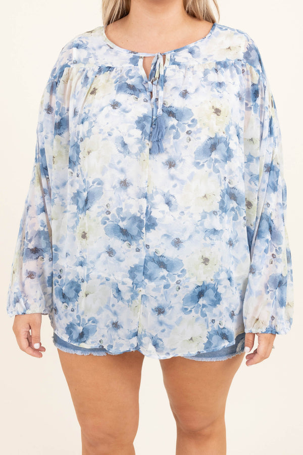 Chic Soul plus size clothing, blue floral long bubble sleeve casual top