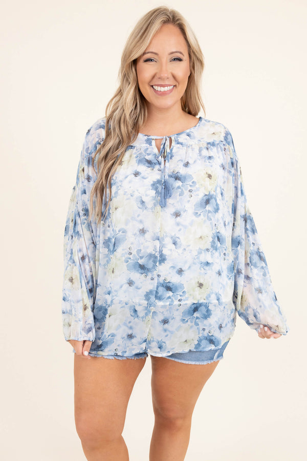 Chic Soul plus size clothing, blue floral long bubble sleeve casual top