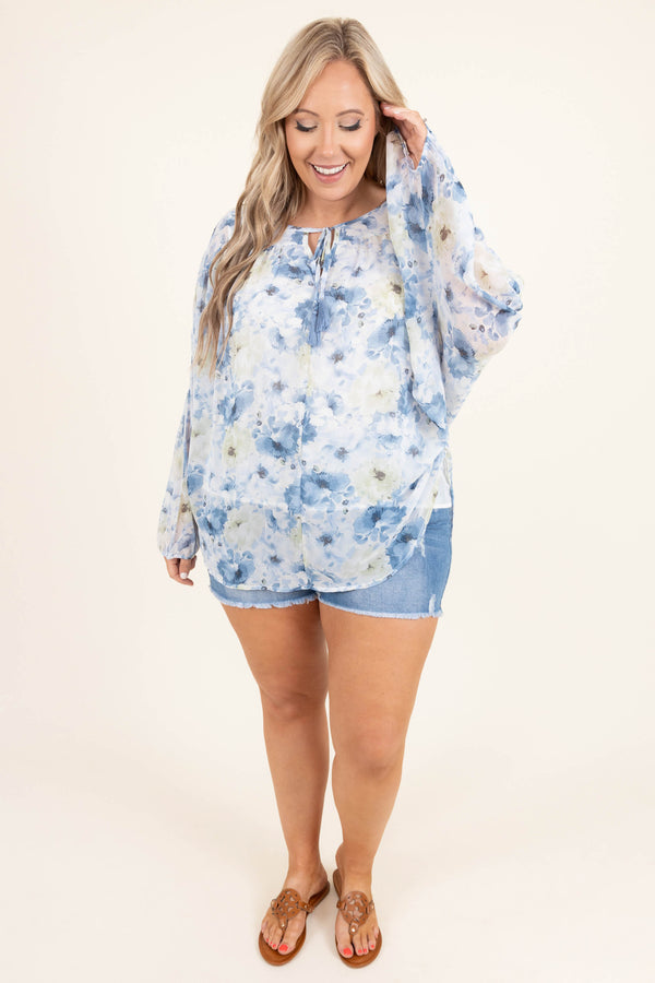 Chic Soul plus size clothing, blue floral long bubble sleeve casual top