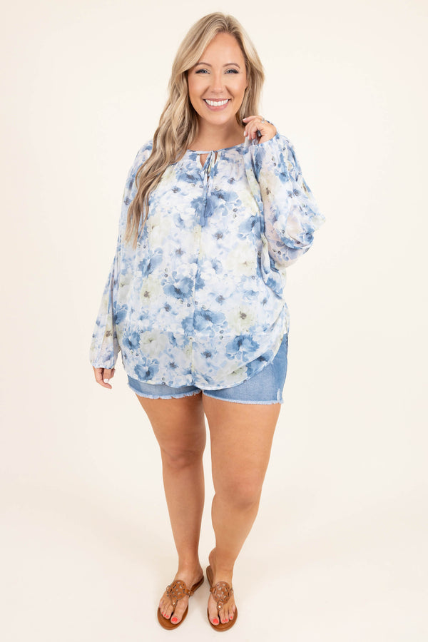 Chic Soul plus size clothing, blue floral long bubble sleeve casual top