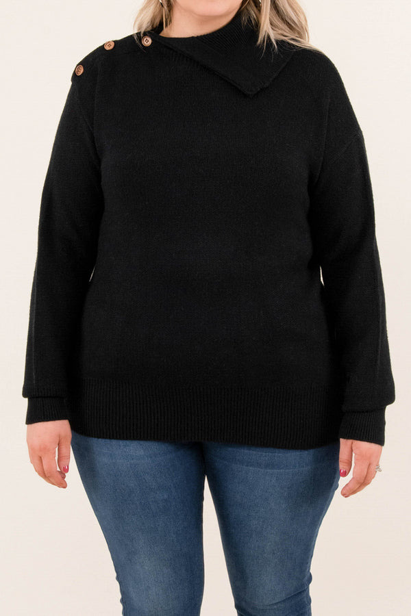 Chic Soul plus size clothing, long sleeve black sweater with mock turtleneck and buttons on the right shoulder