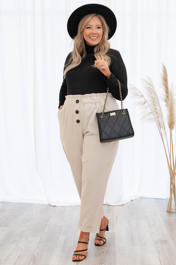 Chic Soul plus size clothing, beige pants with a cinched waist and faux buttons