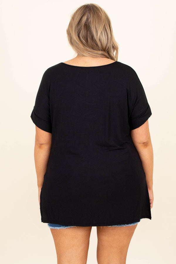 Chic Soul plus size clothing, solid black v neck short sleeve casual top