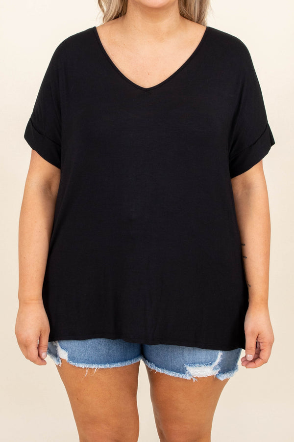Chic Soul plus size clothing, solid black v neck short sleeve casual top