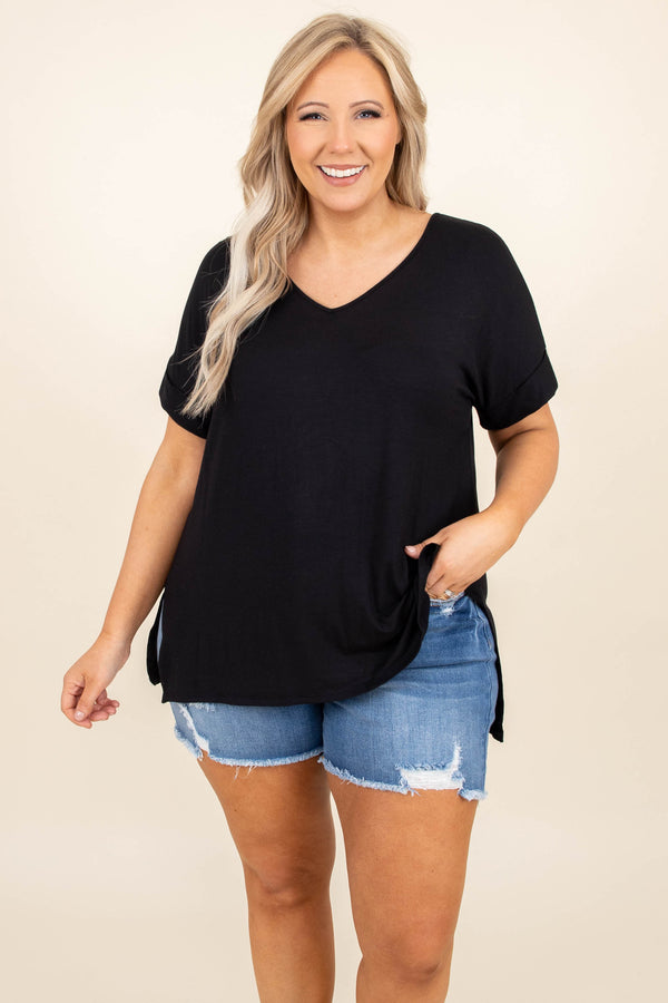 Chic Soul plus size clothing, solid black v neck short sleeve casual top