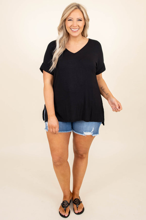 Chic Soul plus size clothing, solid black v neck short sleeve casual top