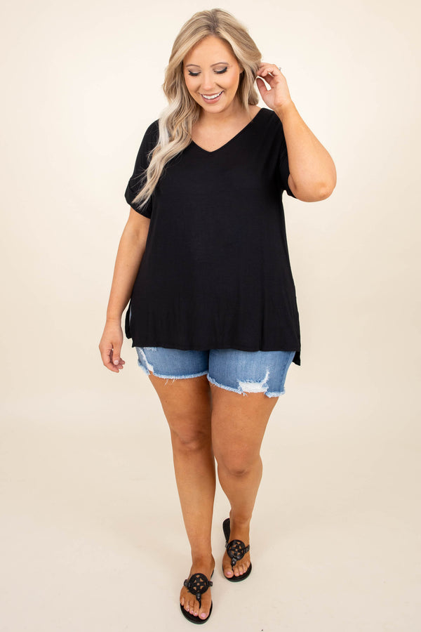 Chic Soul plus size clothing, solid black v neck short sleeve casual top