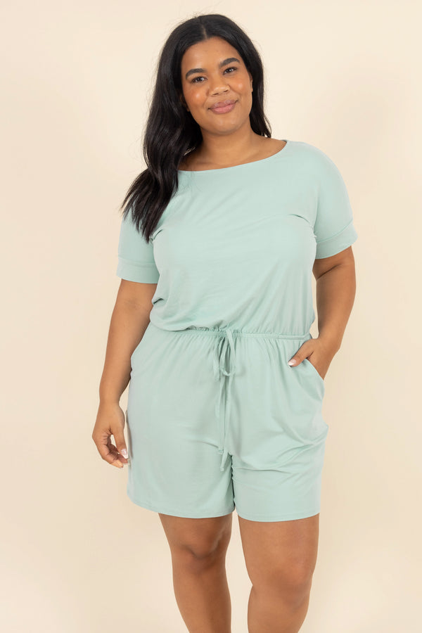 Chic Soul plus size clothing, light green romper with a cinched waist and pockets