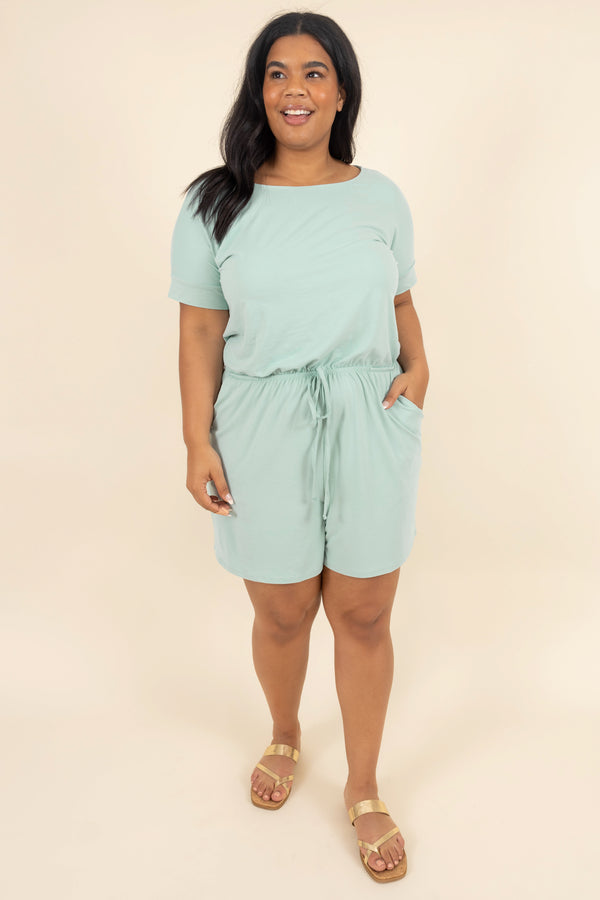 Chic Soul plus size clothing, light green romper with a cinched waist and pockets