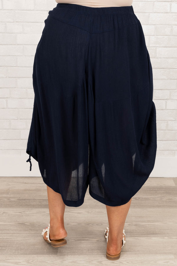 Chic Soul plus size clothing, navy ruched pants with elastic waist