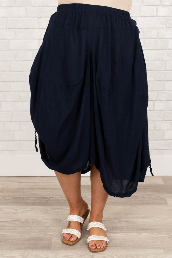 Chic Soul plus size clothing, navy ruched pants with elastic waist