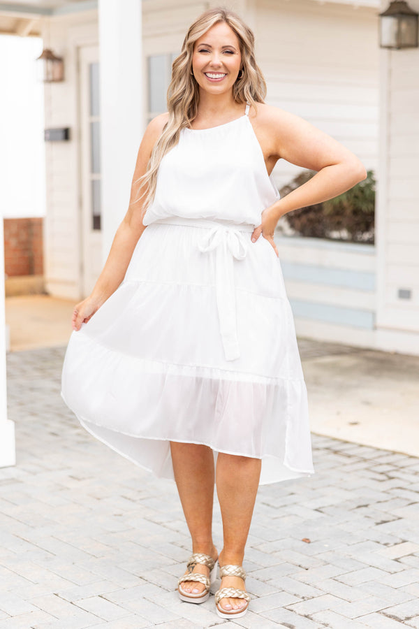 Chic Soul plus size clothing, ivory cinched waist halter top midi dress