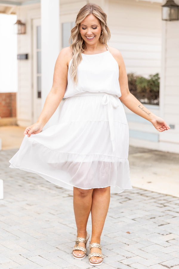 Chic Soul plus size clothing, ivory cinched waist halter top midi dress