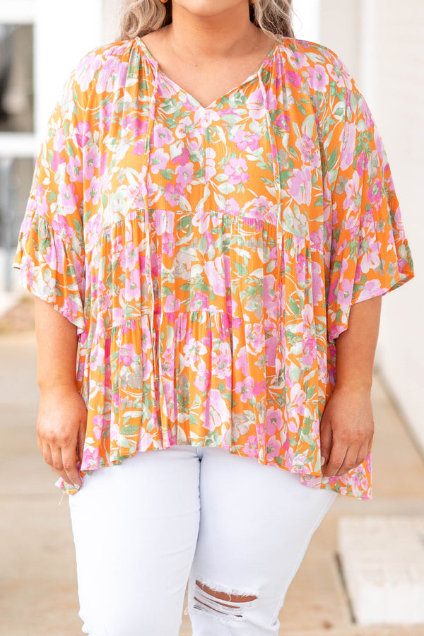Chic Soul plus size clothing, orange babydoll style top with floral pattern